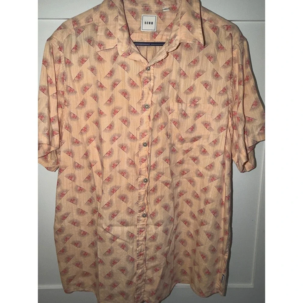 ROWM Mens XL Peach Rising Sun Print Short Sleeve Button Down Shirt Slub Texture